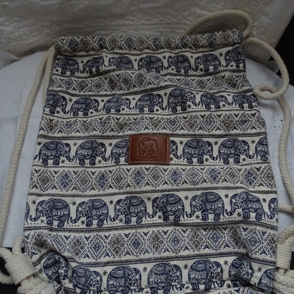 Blue Elephant Drawstring Canvas Bag